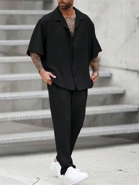Men's Black Solid Color Lapel Neck Short Sleeve Shirt & Pants Set ...