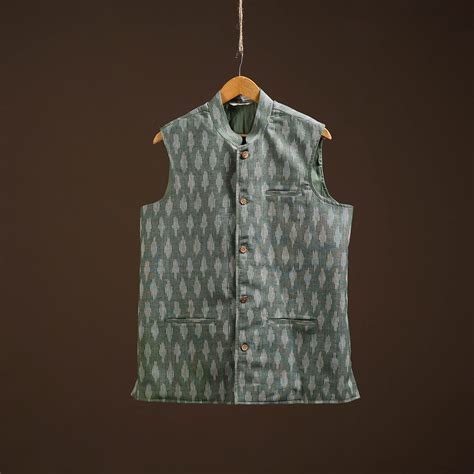 Green Cotton Pochampally Ikat Men Nehru Jacket