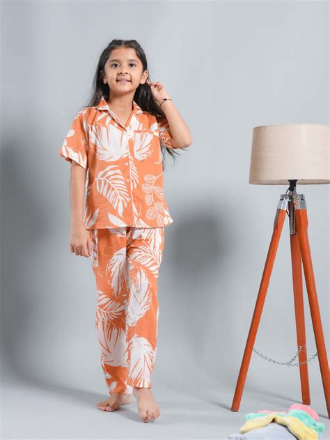 Buy Orange Floral Printed Shirt Collar Kids Night Suit Online @ Best Price