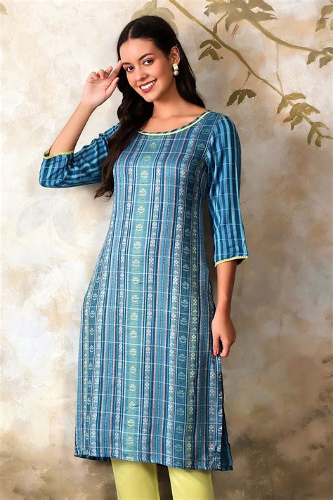 Buy Blue Floral Motifs Dobby Straight Kurta Online for Woman | Shop for ...