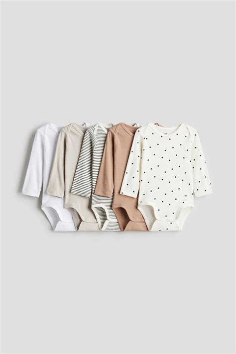 Beige/Patterned 5-pack long-sleeved bodysuits for kids | H&M IN