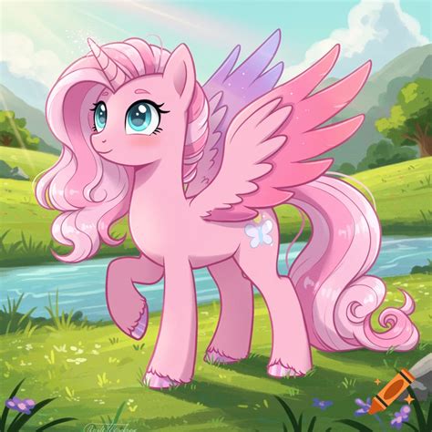 A pink My Little Pony unicorn pegasus stands in a sunny meadow by a ...