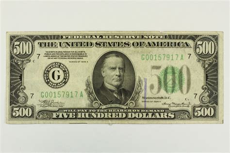 1934 A Five Hundred Dollar Bill Federal Reserve Chicago Note Green Seal ...
