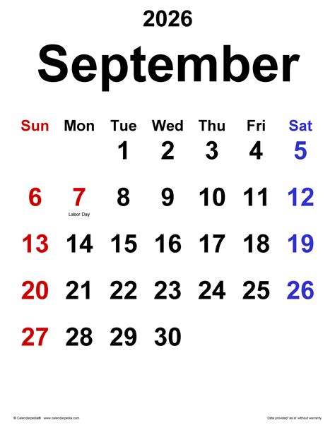 September 2026 Calendar | Templates for PDF, Excel and Word