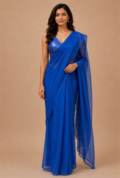 BLUE COLOUR CHIFFON SAREE WITH CREPE TISSUE UNSTITCHED BLOUSE – Kothari ...