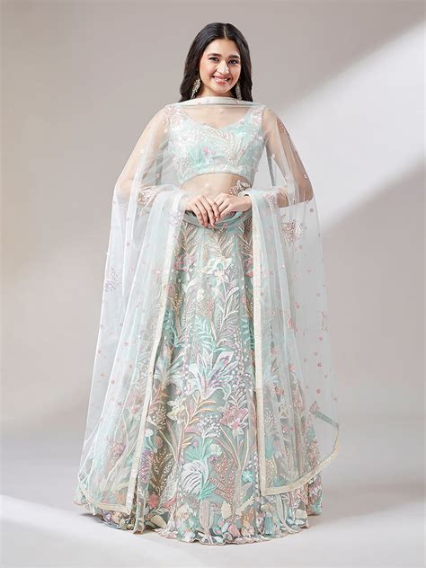 Lime Green Net Sequinse Work Semi-Stitched Lehenga & Uns