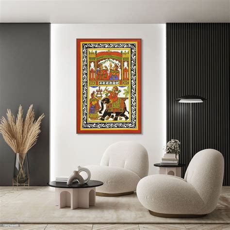 Handmade painting of figure on elephant with vibrant background colors ...