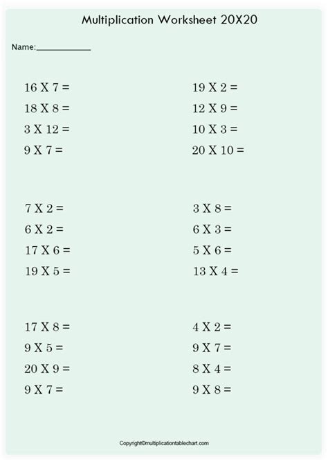 Printable Free Multiplication Chart 20×20 Grid PDF