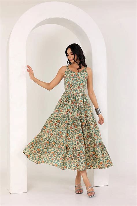 Light Yellow Shoulder Straps Floral Smocked Detail Pure Cotton Tiered ...