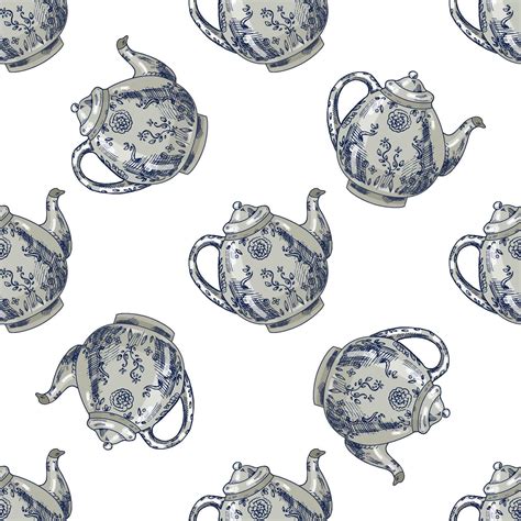 Hand drawn seamless pattern of blue porcelain teapots with floral ...