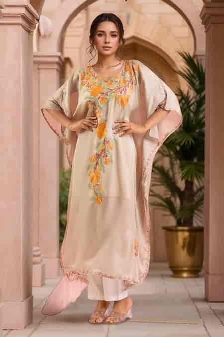 Buy Cream Crepe Embroidery Resham Leaf Neck Kaftan For Women by ...