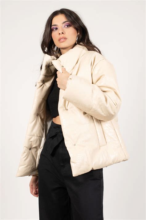 Cream Puffer Jacket - Faux Crocodile Leather Jacket - Beige High Neck ...