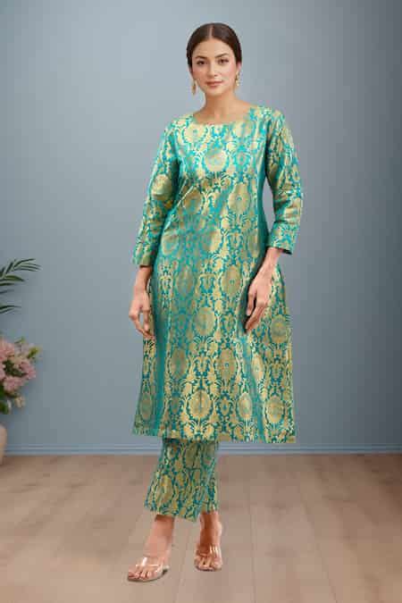 Buy Samyukta Singhania Peacock Green Brocade Kurta Set Online | Aza ...