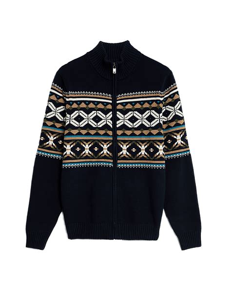 Buy Cotton Blend Fairisle Zip Up Cardigan at Marks & Spencer