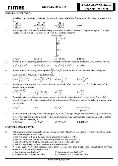 FIITJEE ADVANCED Sheet Day:01 (17.05.2021) Kinematics 1D Solutions ...