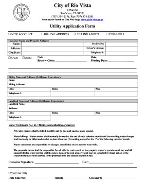 Fillable Online Utility Application Form - The City of Rio Vista Fax ...