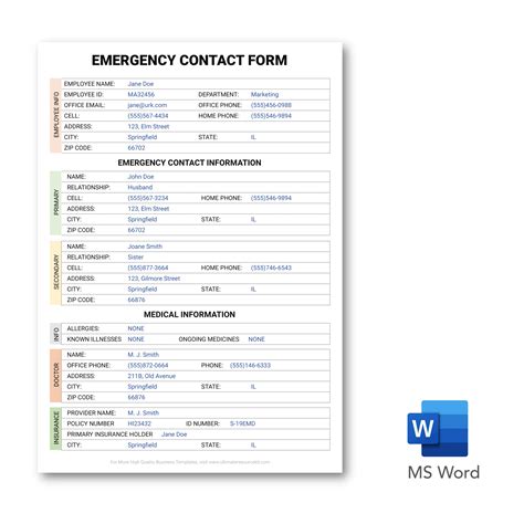 Emergency Contact Form Template Emergency Contact Information Form