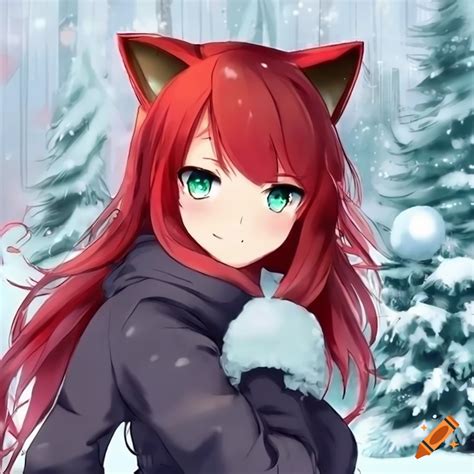 Anime catgirl with green eyes and red hair in winter theme on Craiyon