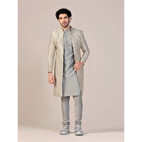 Buy KISAH Men Grey Kurta and Sherwani with Churidar (Set of 3) Online