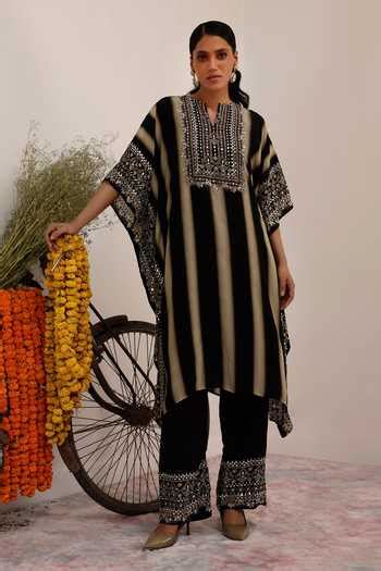 Buy Beige Crepe Mirrors, Sequins Split V-neck And Black Striped Floret ...