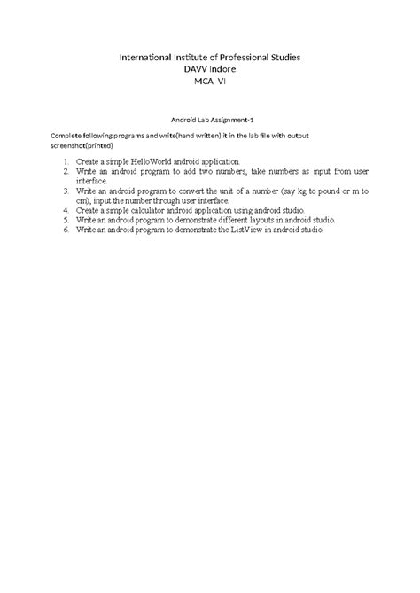 MCA VI Android Lab Assignment 1: Complete Program Guide - Studocu