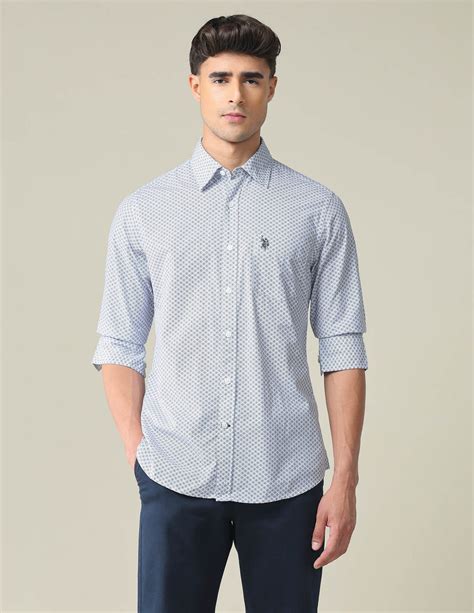 Buy Men Rounded Cuff Geometric Shirt Blue|U.S. Polo Assn. India