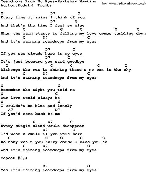 Country Music:Teardrops From My Eyes-Hawkshaw Hawkins Lyrics and Chords