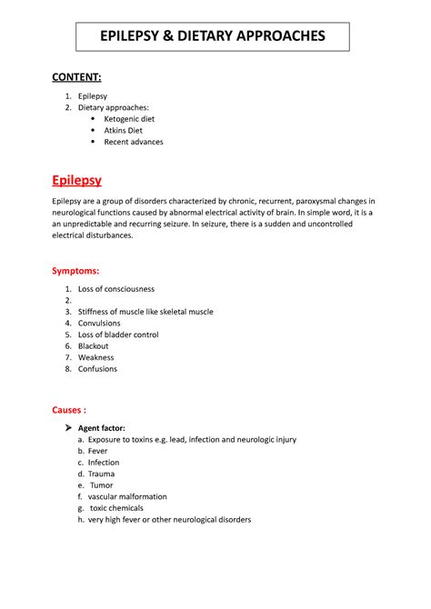Epilepsy and diet - CONTENT: 1. Epilepsy 2. Dietary approaches ...