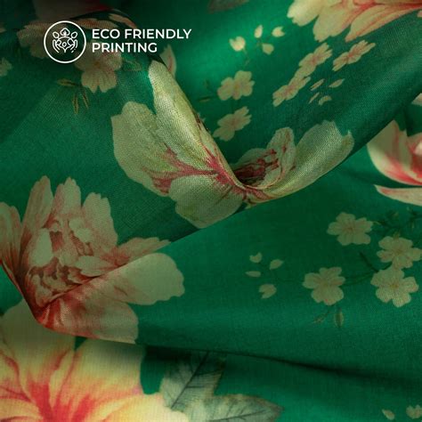 Forest Green And Pink Floral Printed Organza Satin Fabric – Fabcurate