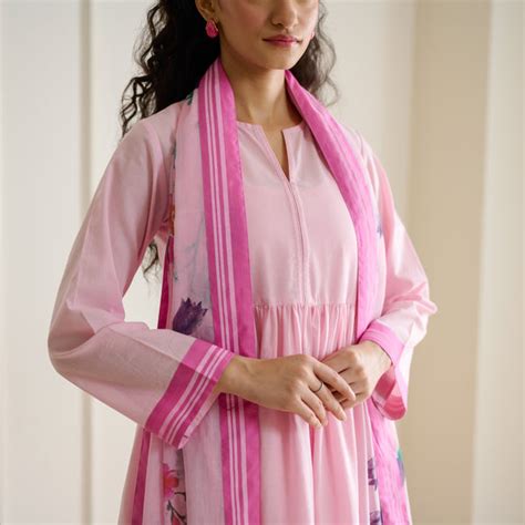 Buy Zuhal Cotton Kurta Set with Mulmul Slip and Dupatta - Candy Pink ...