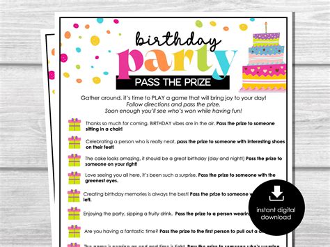 Pass the Prize, Birthday Party Game, Printable Party Game, Fun Gift ...