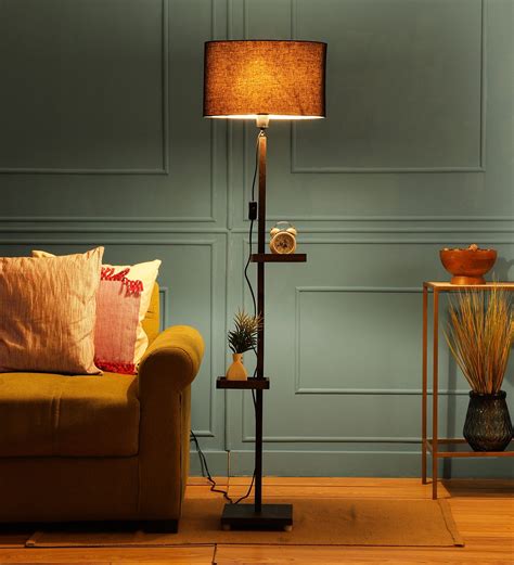 Buy Contemporary Black Fabric Shade Shelf Floor Lamp With Wood Base By ...