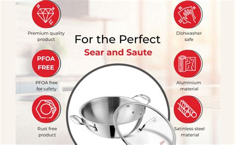 Vinod Platinum Triply Stainless Steel Extra Deep Kadai with Glass Lid ...
