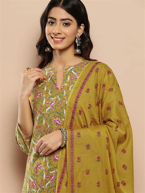 Women Mustard Yellow Floral Yoke Design Regular Sequinned Pure Cotton ...