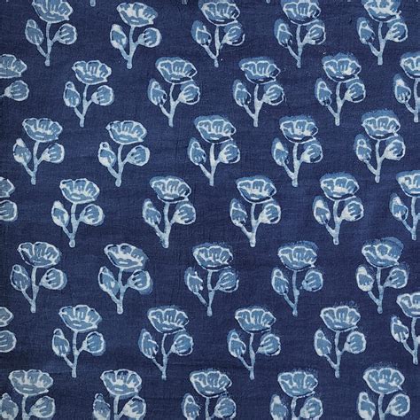 (PRE-CUT 1.40 METER) Pure Cotton Akola Indigo Rose Motif Hand Block Pr ...