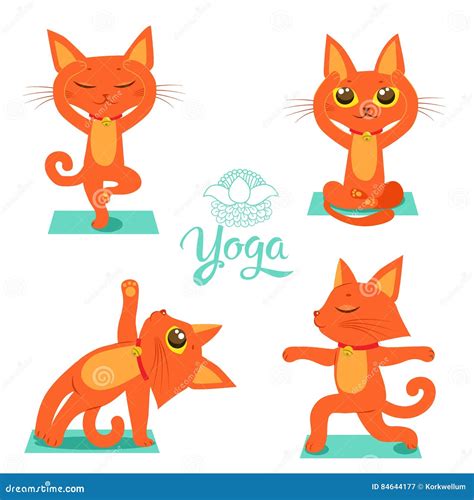 Gymnastics and Health. Set Cartoon Funny Cats Icons Doing Yoga Position. Cartoon Meditation ...