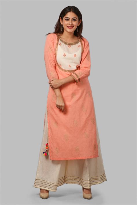 Peach Khadhi Work Kurti with Embroidered Yoke and Flared Palazzos ...