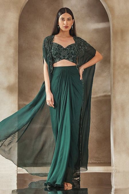 Buy Emerald Green Georgette Pearls, Zari, Beads Embroidered Cape Skirt ...