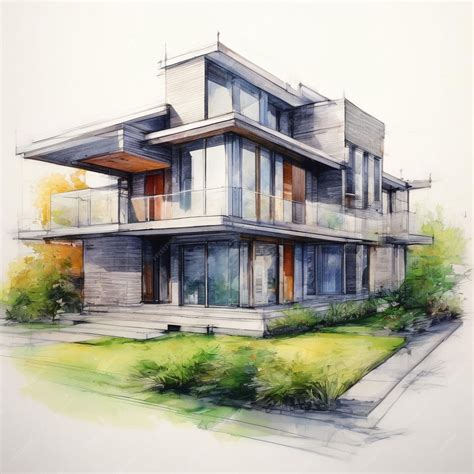 Premium Photo | Modern house project pencil drawing with colored elements