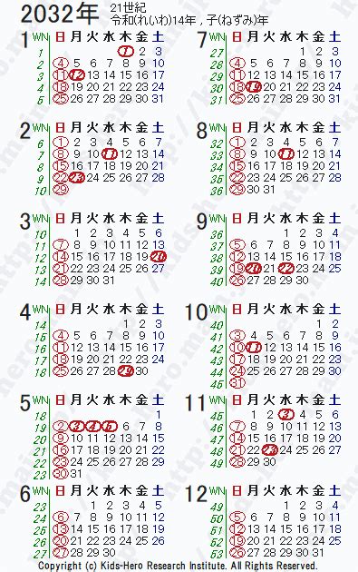 西暦2032年カレンダー