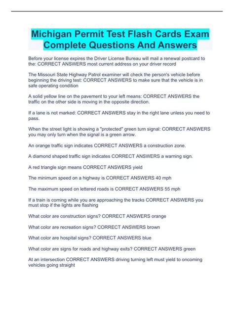 Michigan Permit Test Flash Cards Exam Complete Questions And Answers ...