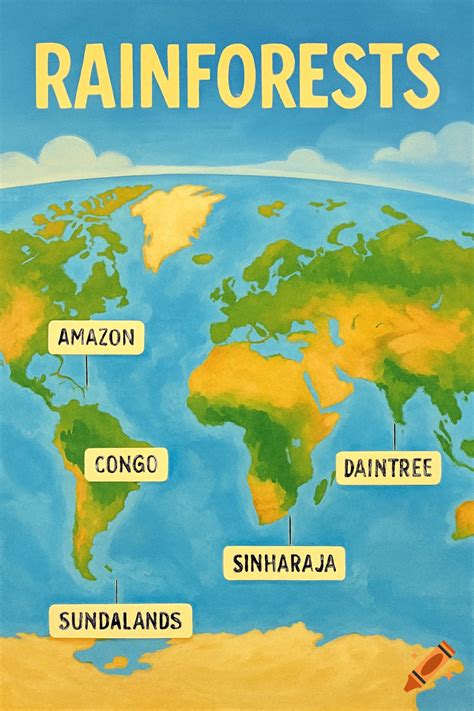 Colorful map poster showing the location of rainforests around the world with labels. on Craiyon