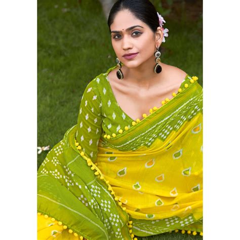 Yellow Printed Pure Cotton Saree With Pum Pum Border