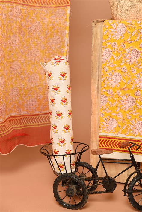 Yellow & Red Print Hand Block Cotton Unstitched Suit With Kota Doria D ...