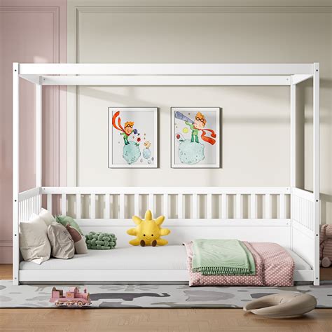 Full Size Canopy Bed Frame with Guardrails for Kids,Floor Bed Full with ...