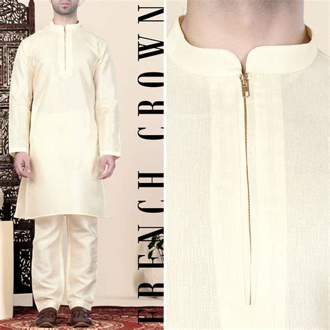 Albescent Cream Textured Premium Poly-Viscose-Rayon Designer Kurta For Men