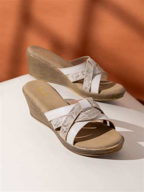 Buy Now Womens Cream Party Wear Striped Round Toe Wedge Heel Sandals