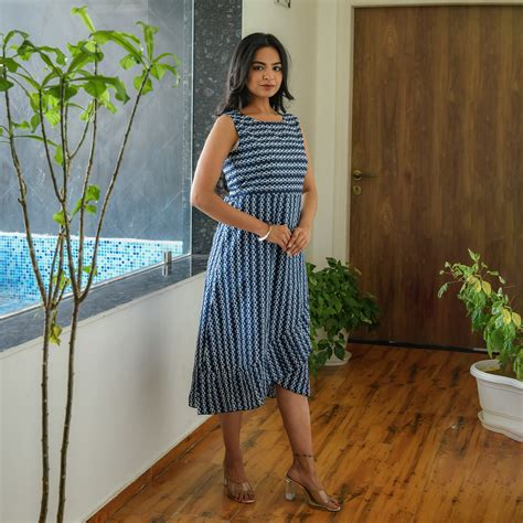 Indigo Blue Zigzag Frill Cotton Dress – Fashiana