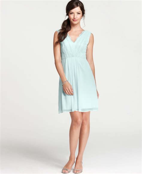 Ann Taylor Silk Georgette Pleated Lace Tank Dress in Misty | Lace tank ...