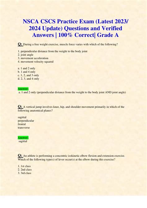 NSCA CSCS Practice Exam (Latest 2023/ 2024 Update) Questions and ...